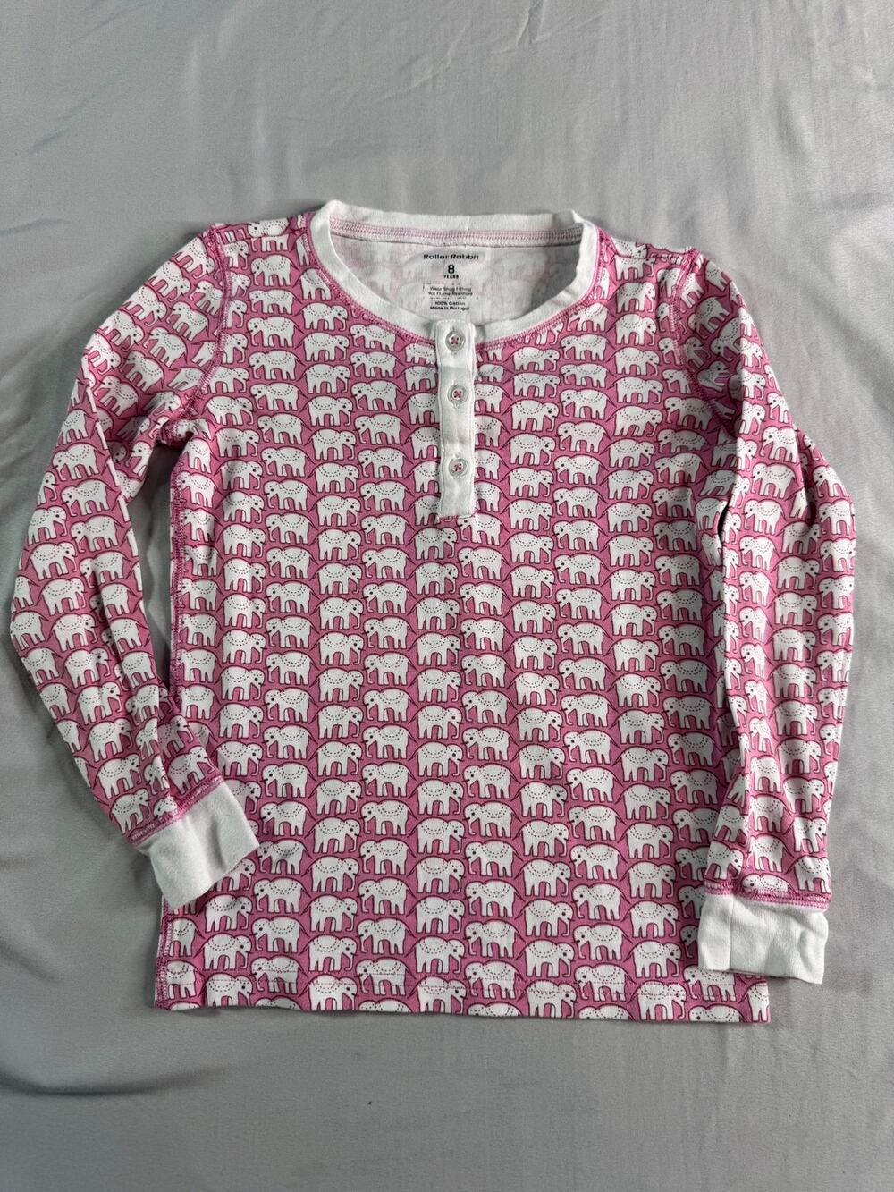 Roller Rabbit Girls 8 Hathi Pink Elephant Pajama Top 100% Cotton Henley